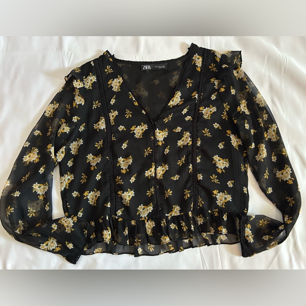 Zara Black Sheer Long Sleeve Blouse with Floral Print  Size Large